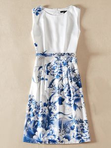 Vintage bloemprint vrouwen A-lijn jurk ronde hals mouwloze jurken met riem
