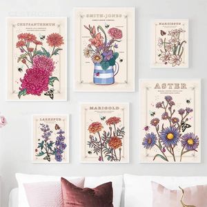 Vintage Fleurs Nordique Art Affiche Rose Marguerite Fleur Marché Feuille Papillon Toile Peinture Mur Photos pour Salon Femmes Chambre Décor No Frame Wo6