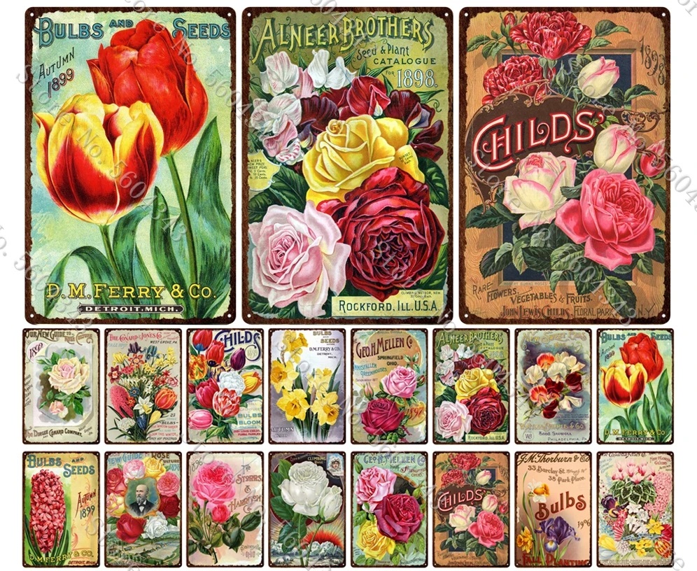 Vintage Flowers Seed Catalog täcker tennskylt påskliljor tulpaner glödlampa blommor retro metallplattor trädgård hem dekoration vägg hantverk 20x30 cm woo