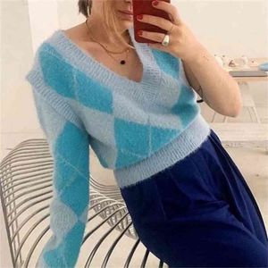 Vintage moelleux argyle pulls femmes deux voies porter bleu pull en tricot gilet flou décontracté col en v pulls hiver 210427