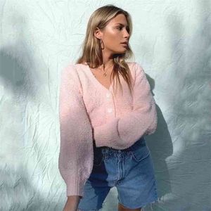 Vintage pluizige bijgesneden roze vest vrouwen lange mouwen herfst winter knop casual korte gebreide blauwe 210427