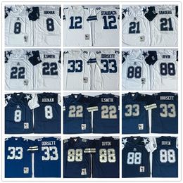 Vintage voetbal #8 Troy Aikman Cowboy 12 Roger Staubach 21 Deion Sanders 22 Emmitt Smith 33 Tony Dorsett 88 Michael Irvin gestikte truien