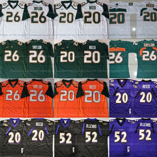 Maillot de football vintage Ed # 20 Reed Sean # 26 Taylor Ray # 52 Lewis Tous cousus Blanc Noir Vert Orange Violet Maillots Chemises de qualité supérieure