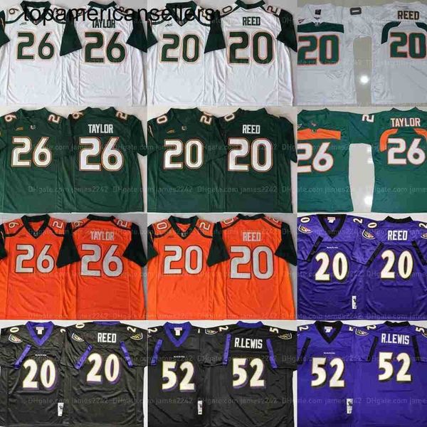 Maillot de football vintage Sean # 26 Taylor Ed # 20 Reed Ray # 52 Lewis pour hommes, tous cousus, blanc, noir, vert, Orange, violet