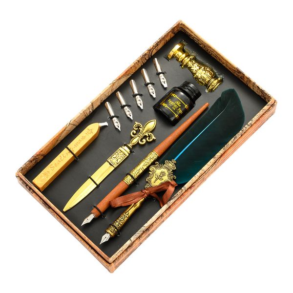 Stylo plume vintage en bois et métal, coffret cadeau, tampon de cire, calligraphie rétro