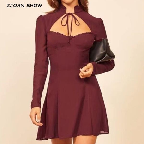 Vintage Francia estilo color sólido ahueca hacia fuera vestido de mujer vino rojo manga larga con cordones cuello delgado mini vestidos de niña 210429