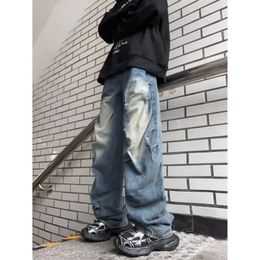 Vintage Verzwakte Ontwerp Casual Jeans Mannen Y2K Streetwear Hip Hop Losse Gewassen Mode Trend Hoge Taille Wijde Pijpen Broek 240117