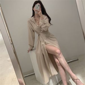 Vintage French Korean Style Design Long Shirt Dress Elegant Waist Lace Harajuku Dresses for Women Party Autumn Clothes 220402