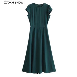 Vintage Franse stijl vlakte groene backless split midi jurk elegante vrouw holle gat korte mouw slanke theekleding vestido 210429