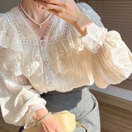 Vintage Franse vrouwen shirts Lace Lolita elegante lange mouw Four -blouse hoge kwaliteit kantoor dame mode chic vrouwelijke tops 240322