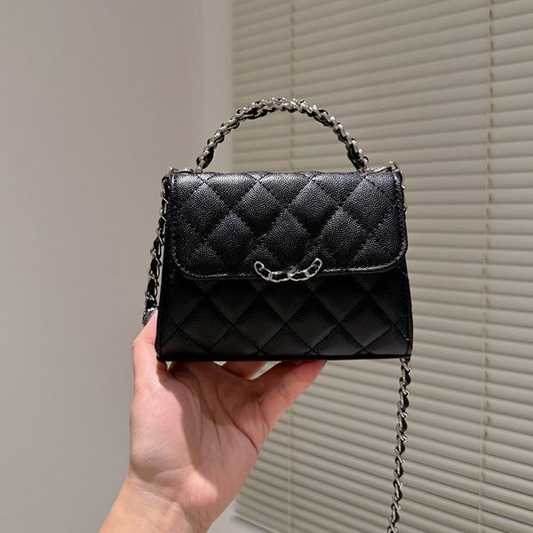 Vintage French Womens Vanity Shoulder Black Bags Caviar Leather Calfskin Classic Mini Flap Quilted Comsetic Case Envejecido Silver Metal Hardware Bolsos 16CM / 19CM