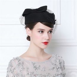 Vintage Franse wol vrouwen baret winter vilt hoed met boog platte top hoeden dame stewardess cap fes chapeau femme feutre 220627