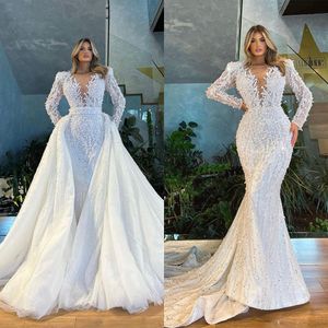 Robe de mariée sirène Vintage pleine perles avec train détachable col transparent à manches longues cristal 3D dentelle appliques robes de mariée