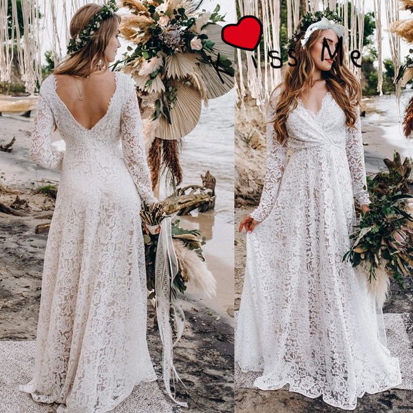 Vintage Full Lace A line Vestidos de novia Mangas largas Hippie Western Country Cowgirl Vestidos de novia bohemios