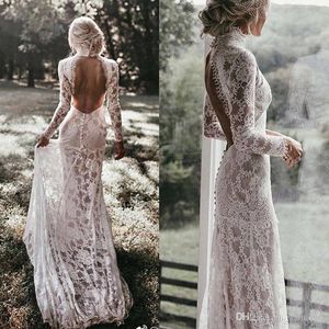 Vintage Full Lace Mermaid Robes De Mariée Manches Longues HIgh Jewel Neck Backless Balayage Train Robe De Mariée Robes De Mariée Vestidos De Noiva