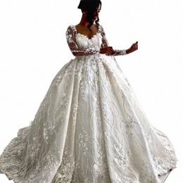Vintage Full Lace Wedding Dres 2022 Arabisch 3D Bloemen Illusi Lg Mouwen V-hals Koninklijke Bruidsjurken Vestidos De Novia 65l2 #