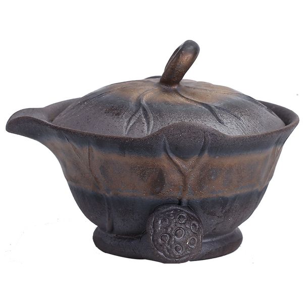 Tetera de mano de hoja de loto Gaiwan Vintage, tetera de cerámica gruesa hecha a mano con esmalte de hierro dorado y barro de roca antigua, tazón de té de cerámica