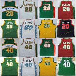 Vintage Gary # 20 Payton jaune vert blanc rouge maillots cousus Shaw 40 Kemp Basketabll maillots cousus