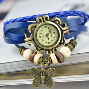 Vintage papillon montre en cuir véritable tricoté à la main montres bracelet montres alliage pendentif femmes luxe cadran robe horloge