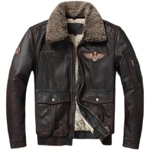 Vintage veste en cuir véritable hommes vestes de vol col de fourrure naturelle Aviation Bomber manteaux hommes moto vestes Biker manteaux 240228