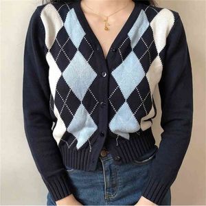 Vintage Geometrische Argyle Sweater Cardigan Vrouwen Herfst Knit Lange Mouw V-hals Bovenkleding Elegante Gebreide Dames Sweaters 210914