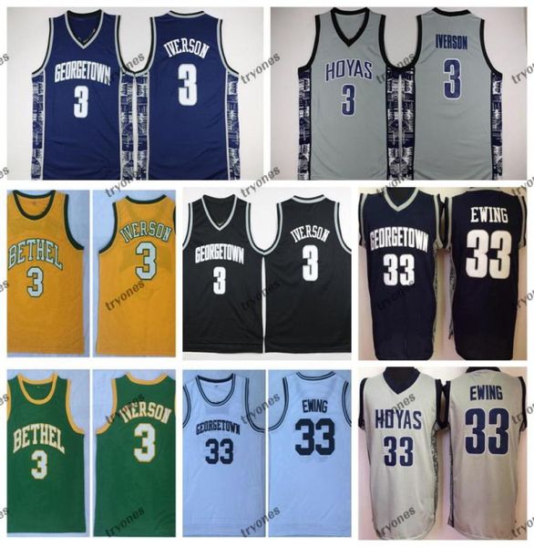 Vintage Georgetown Hoyas Allen Iverson 3 Patrick Ewing 33 Jerseys de basket-ball universitaire Bethel High School Green Cousued Shirts5983756