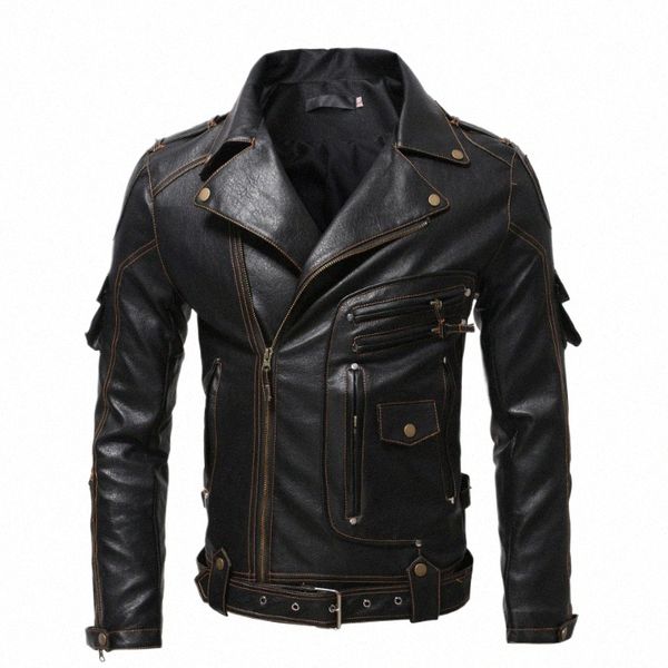 Vintage Ghost Rider Moto Multi-Zip Veste Revers Pu Parka Plus Taille Fat Singer Show Cuir Homme P5tF #