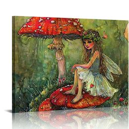 Œuvres d'art giclées vintage Elfes et champignons Impressions d'images muraux sur toile, peintures de conte de fées colorées pour chambre à coucher, décoration de salon