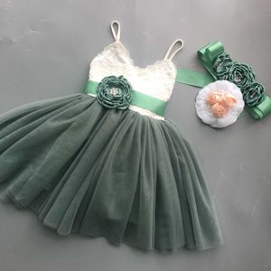 Vintage meisjes kanten jurk voor kinderen salie groen kinderen xmas peuter prinses partij vestido met bloem sjerpen 210529