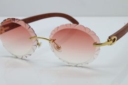 Vintage velless goud hout trimmen lens ronde zonnebril nieuwe T8200761 gesneden lens buitenshuis rijdende bril ontwerper heren vrouwen