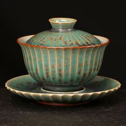 Vintage Glaze Kiln Change Gaiwan-tazones de té de cerámica verde, 100ml, con tapa, taza gran maestro, Pu'er, accesorios para tazas de té, 202m
