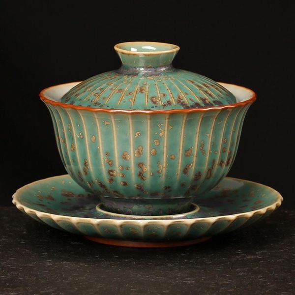 Vintage Glaze Kiln Change Gaiwan 100ml Cuencos de té de cerámica verde con tapa Big Master Cup Pu'er Tea Sopera Accesorios para tazas de té 213t