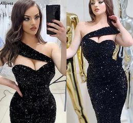 Vintage Glitter Zwarte Lovertjes Avondjurken Sexy Een Schouder Slim Fit Arabisch Aso Ebi Lange Zeemeermin Prom Partij Jassen Formele Gelegenheid Vrouwen Lange Jurk CL2414