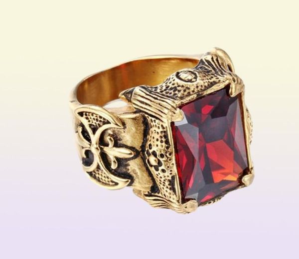 Vintage gold couleur dragon griffe anneaux hiphop hommes en acier inoxydable grand vert rouge violet blanc cz zircon en croix de pierre de pierre