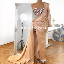 Vintage Gold Dubai Robes De Bal Avec Une Épaule À Manches Longues Sexy Sirène Robe De Soirée Arabe Turish Dîner Formel Dance Party Robes Robe De Soir￩e Femme Mariage