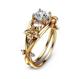 Bagues de fiançailles Vintage en or fleur Style rétro, coupe ronde, zircone cubique, Solitaire pour femmes, bijoux de mariage de mariée