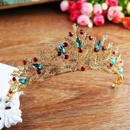 Vintage Goud Rhinestone Groen Rood Crystal Bridal Tiara Crown Handmade Noiva Diadem Headpiece Bruiloft Haar Sieraden Accessoires JL T200522