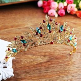 Vintage or strass vert rouge cristal mariée diadème couronne à la main Noiva diadème casque de mariage cheveux bijoux accessoires JL T257q