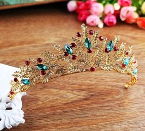 Vintage Gold Rhinestone Green Red Crystal Bridal Tiara Crown Handmade Noiva Diadeem Headpiece Bruiloft Haar Sieraden Accessoires JL T8585803