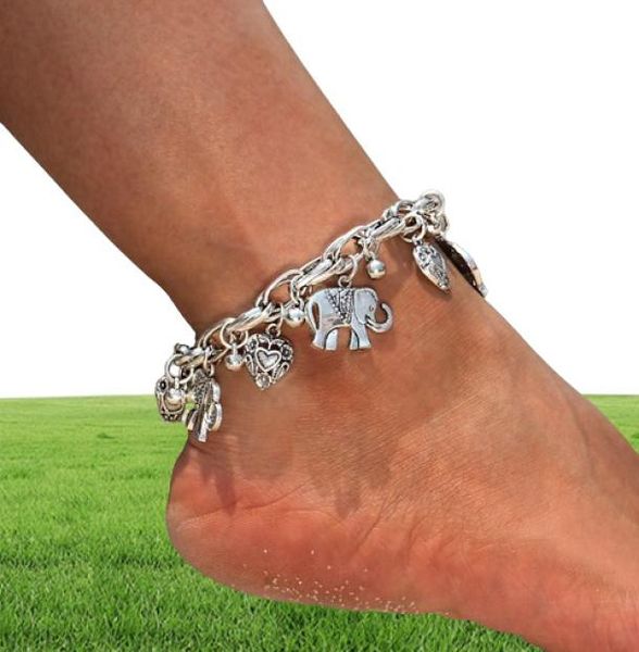 Tobilleras de plata y oro vintage para mujer, colgante de elefante, cadena de caja, pulsera de tobillo para pie de playa de verano, joyería entera 79570209065014