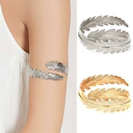 Vintage Goud Zilver Kleur Blad Veer Swirl Snake Arm Manchet Armlet Armband Big Bangle voor Dames Armband Sieraden Q0719