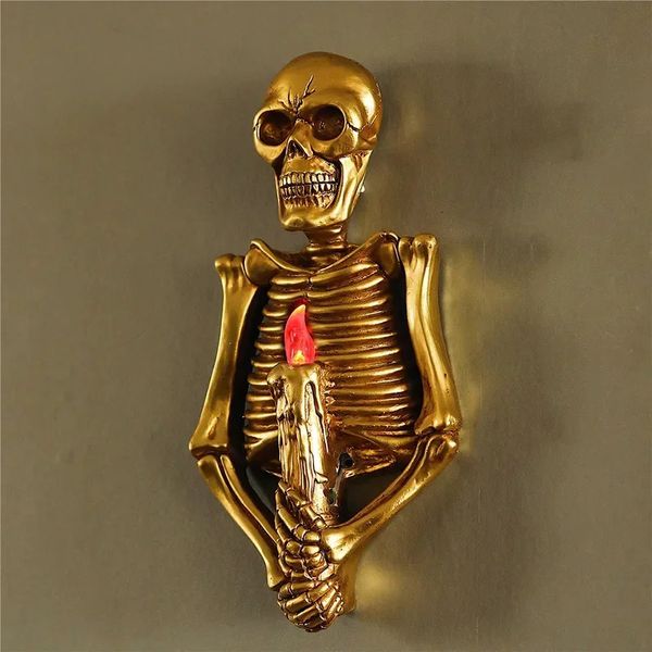 Vintage Gold Skull Wall Lampe Flame Candle Light Holiday Decoration Ideas Halloween Decorations Home Horror Statue 240425