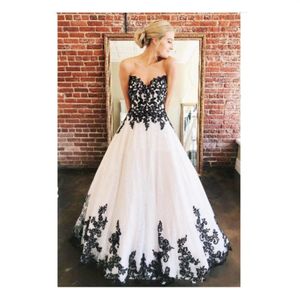 Vintage Gothic Zwart-wit Trouwjurken Een Lijn Lange Bruid Jurk Sweetheart Strapless Lace Tulle Bruidsjurken Vestidos de no253o