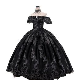 Vintage Gothic Black Ball Town Trouwjurken Borduurwerk Kant Corset Plus Size Bruid Toga's Off Shoulder Bridal Dress 2022