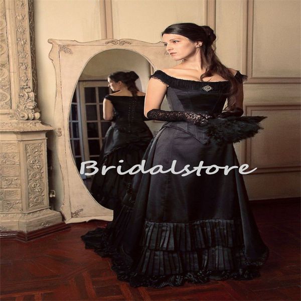 Vestido de novia negro gótico vintage Victorian Bullicio País Vestidos de novia 2023 Volantes escalonados Iglesia renacentista Novia medieval Túnicas hippie Mariee