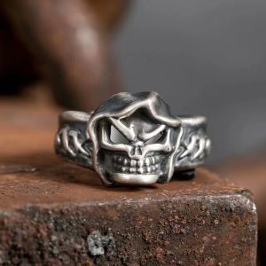 Vintage Gothic Grim Reaper 14K Witgouden Ringen voor Vrouwen Mannen Demon Capuchon Schedel Titanium Zilver Kleur Hip Hop Rock Mode-sieraden Geschenken