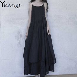 Vintage Gothic Irregular Plissular Plaqué Maxi Robe Maxi Summer Summer Sundresses Loose Casual Coréen Couleur solide Femme Robe 210619