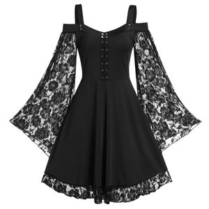 Vintage gotische one-shoulder kanten lozere patchwork vrouwen flare mouw spaghetti riem a-line jurk punk goth-jurken