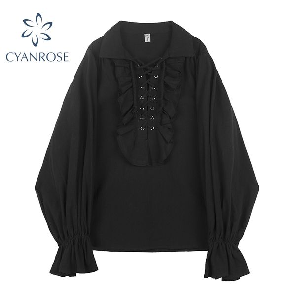 Vintage Gothique Chemise Femmes Renaissance Flare Manches Volants Oversize Club Party Soirée Fille Lolita Noir Goths Blouse Tops 210417