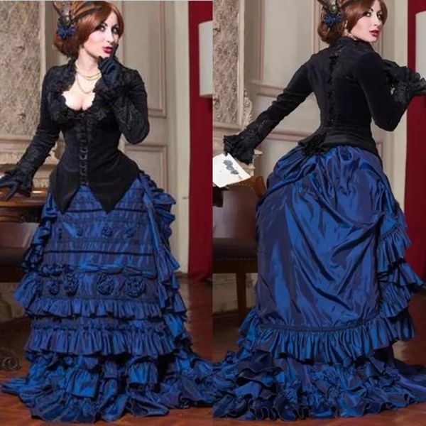 Vintage gótico victoriano bullicio vestidos de noche negro azul marino tafetán mangas largas corsé rosa flor graduación ocasión vestido